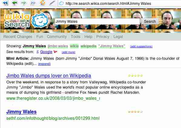 (my blog post is the second result for a Wikia Search on Jimmy Wales)